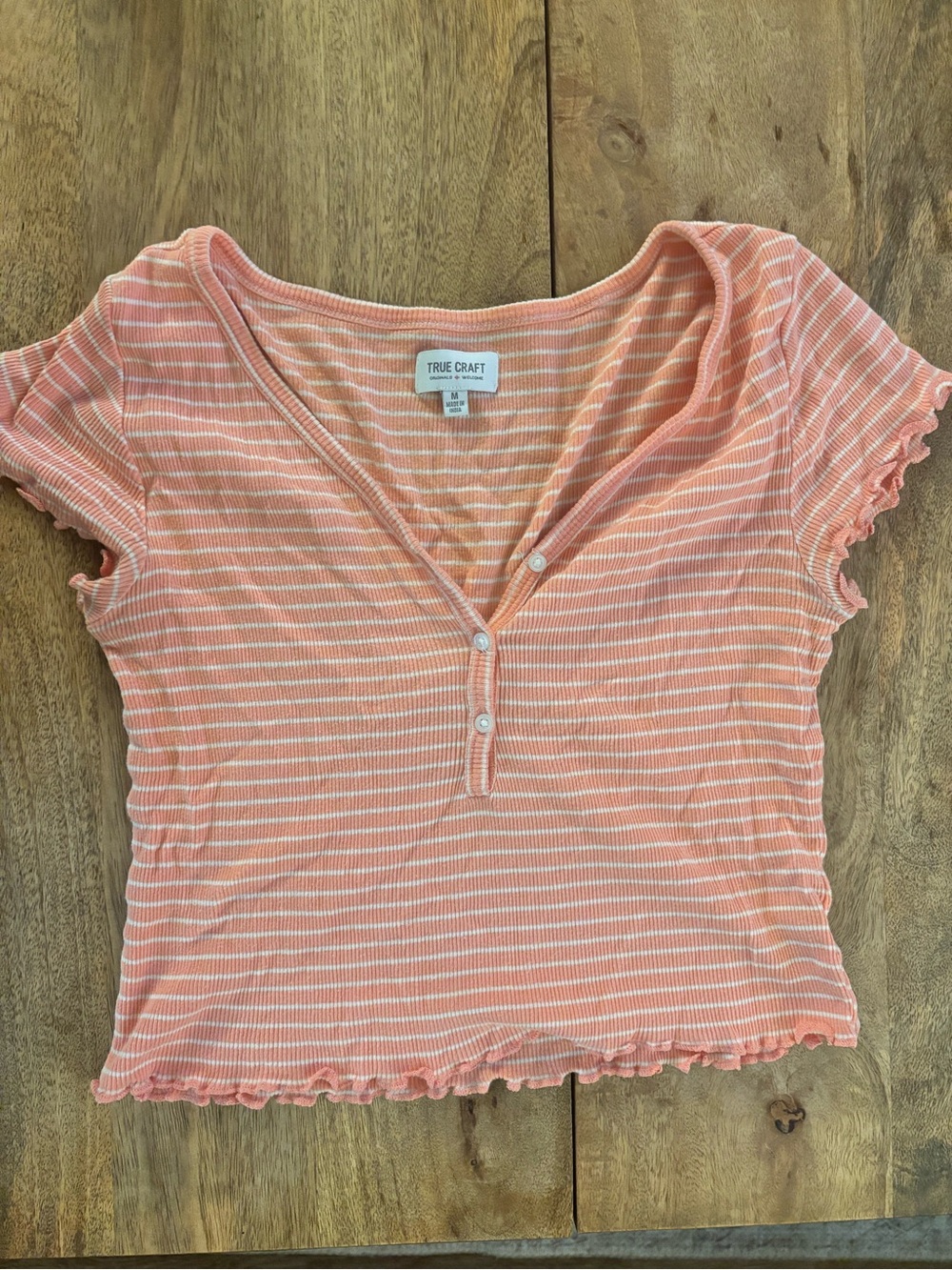 True Craft Peach & White Striped Ruffle Henley Crop Top